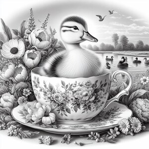 May include: A black and white illustration of a fluffy duckling sitting inside a floral teacup and saucer. The teacup and saucer have a detailed floral pattern. The background shows a lake with ducks and flowers.