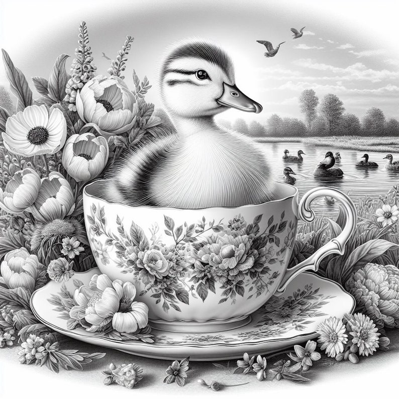 May include: A black and white illustration of a fluffy duckling sitting inside a floral teacup and saucer. The teacup and saucer have a detailed floral pattern. The background shows a lake with ducks and flowers.