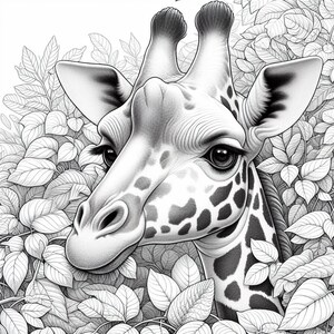 May include: A black and white illustration of a giraffe's head peeking out from behind a bush of leaves. The giraffe has a spotted pattern and large, expressive eyes.