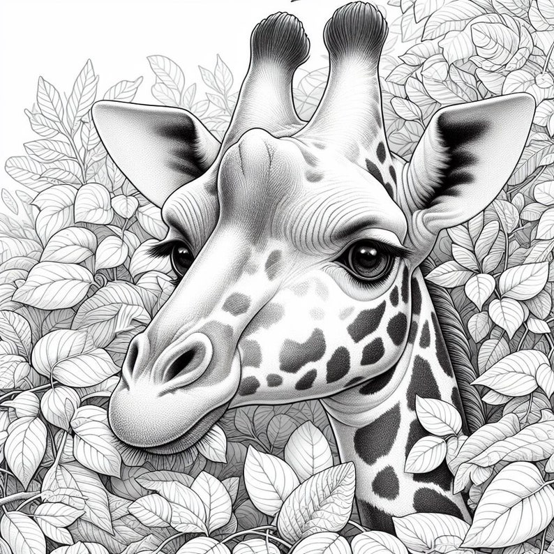 May include: A black and white illustration of a giraffe's head peeking out from behind a bush of leaves. The giraffe has a spotted pattern and large, expressive eyes.
