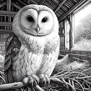 May include: A black and white illustration of a barn owl perched on a nest of twigs. The owl has large, round eyes and a white face with black markings. The owl is sitting in a barn with a window in the background.