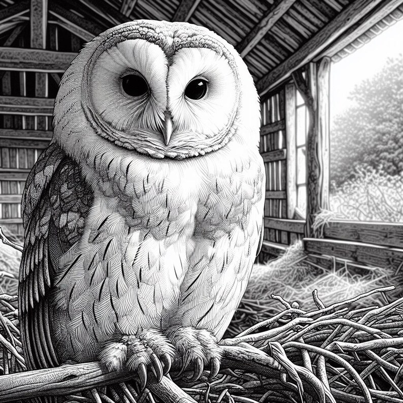 May include: A black and white illustration of a barn owl perched on a nest of twigs. The owl has large, round eyes and a white face with black markings. The owl is sitting in a barn with a window in the background.