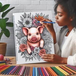 May include: A woman colors a detailed drawing of a pig surrounded by flowers in a spiral bound sketchbook. The pig is pink with black eyes and a black snout. The flowers are black and white with hints of pink and red.