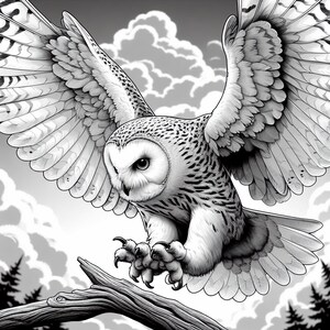 May include: A black and white illustration of a snowy owl with its wings spread, perched on a branch. The owl has sharp talons and a fierce expression.