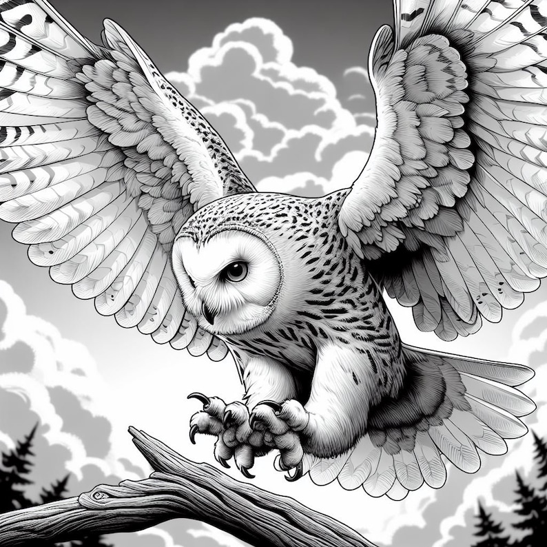 May include: A black and white illustration of a snowy owl with its wings spread, perched on a branch. The owl has sharp talons and a fierce expression.