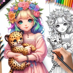 May include: A young girl with long, rainbow-colored hair wears a flower crown and holds a spotted cheetah cub. She is wearing a pink dress with a white lace trim. The girl is drawn in a cartoon style.