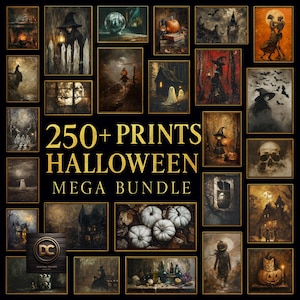 Puede incluir: Una colección de grabados enmarcados con temática de Halloween. La imagen presenta varias escenas espeluznantes, incluyendo brujas, fantasmas, calabazas y casas embrujadas. El texto "250+ PRINTS HALLOWEEN MEGA BUNDLE" se muestra en letras doradas.