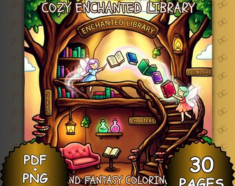 Cozy Enchanted Library Coloring Book – 30 Bold and Easy Cute Magic Library Pages, Cozy Fantasy Reading Scenes, Printable PDF & PNG