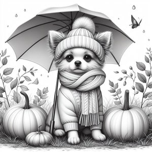 May include: A black and white illustration of a small dog wearing a knitted hat and scarf, holding an umbrella over its head. The dog is standing in front of two pumpkins and surrounded by leaves.