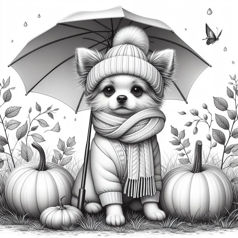 May include: A black and white illustration of a small dog wearing a knitted hat and scarf, holding an umbrella over its head. The dog is standing in front of two pumpkins and surrounded by leaves.
