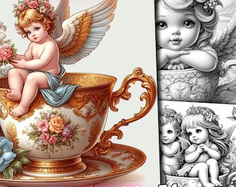 May include: A coloring book with 54 pages featuring illustrations of angels in teacups. The cover shows a detailed illustration of an angel with wings sitting in a teacup with floral decorations. The book is titled "Angel in Tea Cup Coloring Book/Pages".