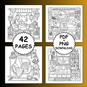 May include: Black and white line art illustrations of cozy interior scenes, including a patio, bedroom, and living room. The images are from a coloring book and include the text "42 PAGES" and "PDF + PNG DOWNLOAD".