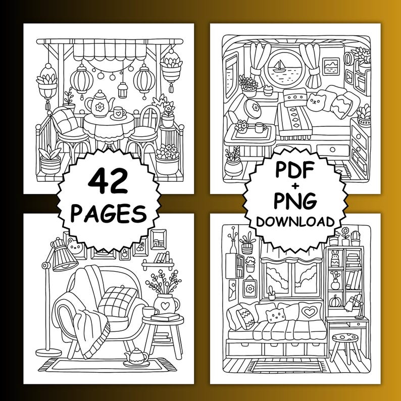 May include: Black and white line art illustrations of cozy interior scenes, including a patio, bedroom, and living room. The images are from a coloring book and include the text "42 PAGES" and "PDF + PNG DOWNLOAD".