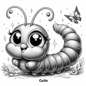 May include: A black and white illustration of a cartoon caterpillar with large eyes and a smile. The caterpillar is curled up in a circle with its head facing the viewer. The illustration is surrounded by small stars and hearts.