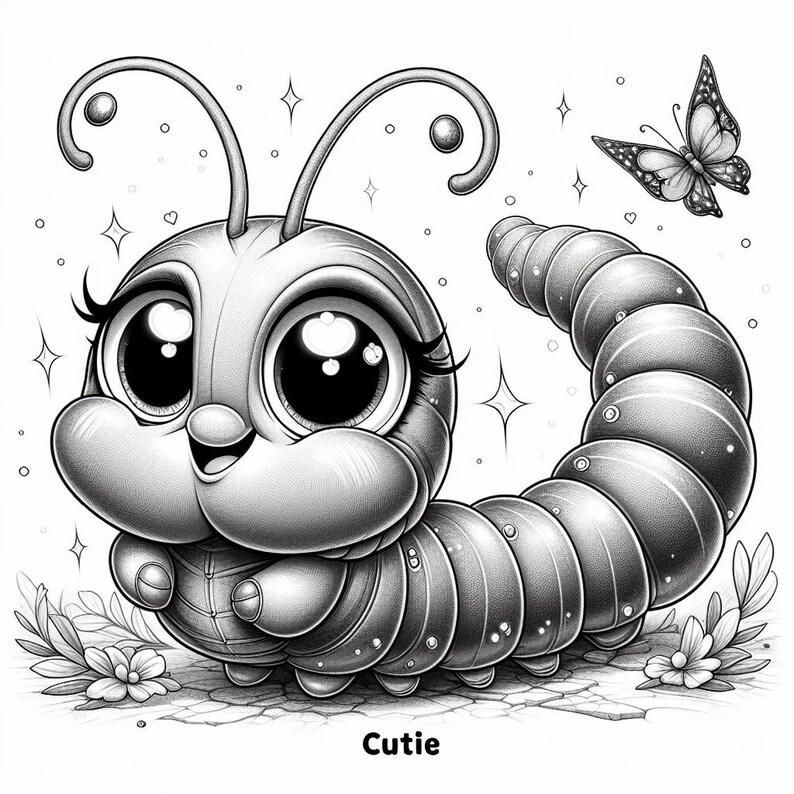 May include: A black and white illustration of a cartoon caterpillar with large eyes and a smile. The caterpillar is curled up in a circle with its head facing the viewer. The illustration is surrounded by small stars and hearts.