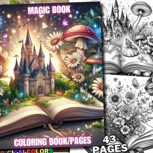 43 Open Magic Books Coloring Pages, Cute Fairytale Open Book Coloring Book, Image Fantasy Grayscale for Adults and Kids Download Printable