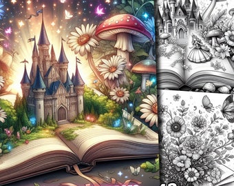 43 Open Magic Books Coloring Pages, Cute Fairytale Open Book Coloring Book, Image Fantasy Grayscale for Adults and Kids Download Printable