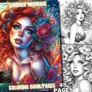 45 Summer Mermaid Coloring Pages, Mermaid Coloring Book, Enchanted Mermaids Coloring Fantasy Grayscale for Adults & Kids Printable Pdf