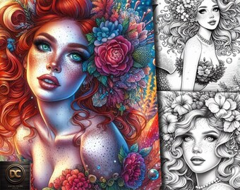 45 Summer Mermaid Coloring Pages, Mermaid Coloring Book, Enchanted Mermaids Coloring Fantasy Grayscale for Adults & Kids Printable Pdf
