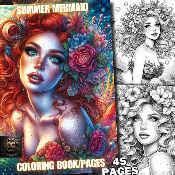 45 Summer Mermaid Coloring Pages, Mermaid Coloring Book, Enchanted Mermaids Coloring Fantasy Grayscale for Adults & Kids Printable Pdf