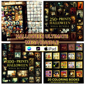 Puede incluir: Un paquete digital con temática de Halloween con impresiones y libros para colorear. La imagen muestra una colección de ilustraciones espeluznantes, que incluyen calabazas, fantasmas y otras imágenes relacionadas con Halloween. El texto en la imagen dice "HALLOWEEN ULTIMATE MEGA BUNDLE".