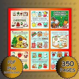 Puede incluir: Una colección de nueve libros para colorear con temática navideña, con títulos como "Cozy Girl Christmas" y "Cozy Winter". La imagen también incluye una insignia dorada que dice "350 páginas" y una insignia que dice "PDF + PNG Download".