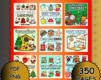 Pacote de Desenhos para Colorir de Natal • 9 livros aconchegantes, coloridos e fáceis de colorir com mais de 350 páginas fofas de Natal, cenas de inverno kawaii e desenhos relaxantes • Conjunto em PDF + PNG