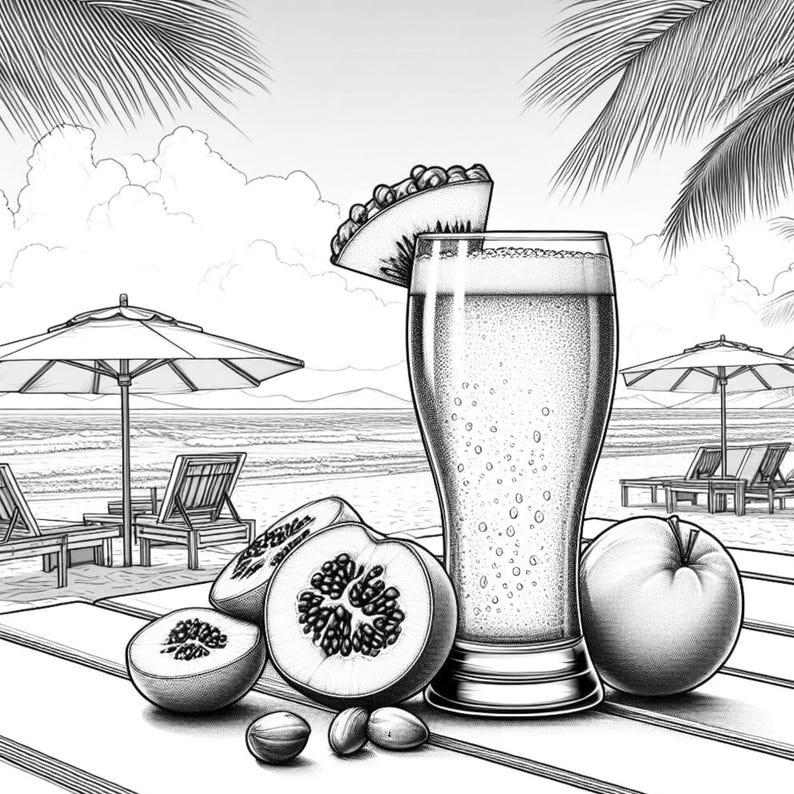 May include: Black and white illustration of a refreshing drink in a tall glass, garnished with a slice of fruit. The image also features sliced fruit and nuts on a wooden table, with a beach scene in the background.