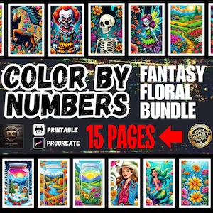 Puede incluir: Páginas para colorear por números con diseños florales de fantasía. El conjunto incluye 15 páginas, imprimibles y compatibles con Procreate. Alta calidad 300 DPI.