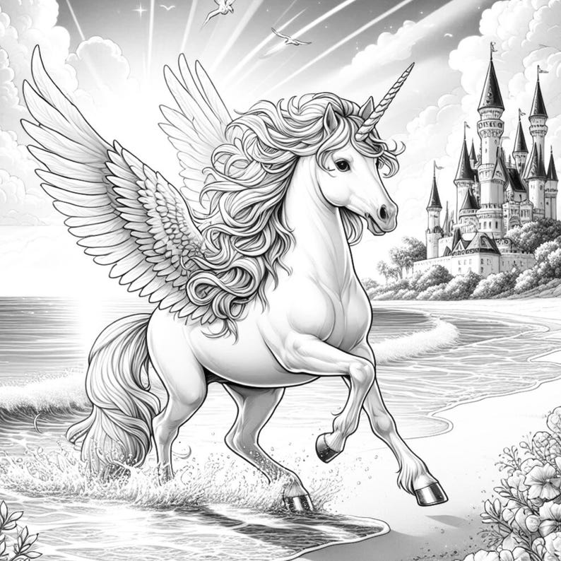40 Summer Unicorn Coloring Pages, Unicorn Coloring Book, Enchanted & Magical Unicorns Fantasy Grayscale Coloring Adult Kids Printable Pdf image 8