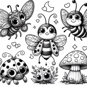 May include: Black and white line art illustration of five cute cartoon insects and a mushroom. The insects include a butterfly, a bee, and three ladybugs. The mushroom has white spots and is surrounded by grass.