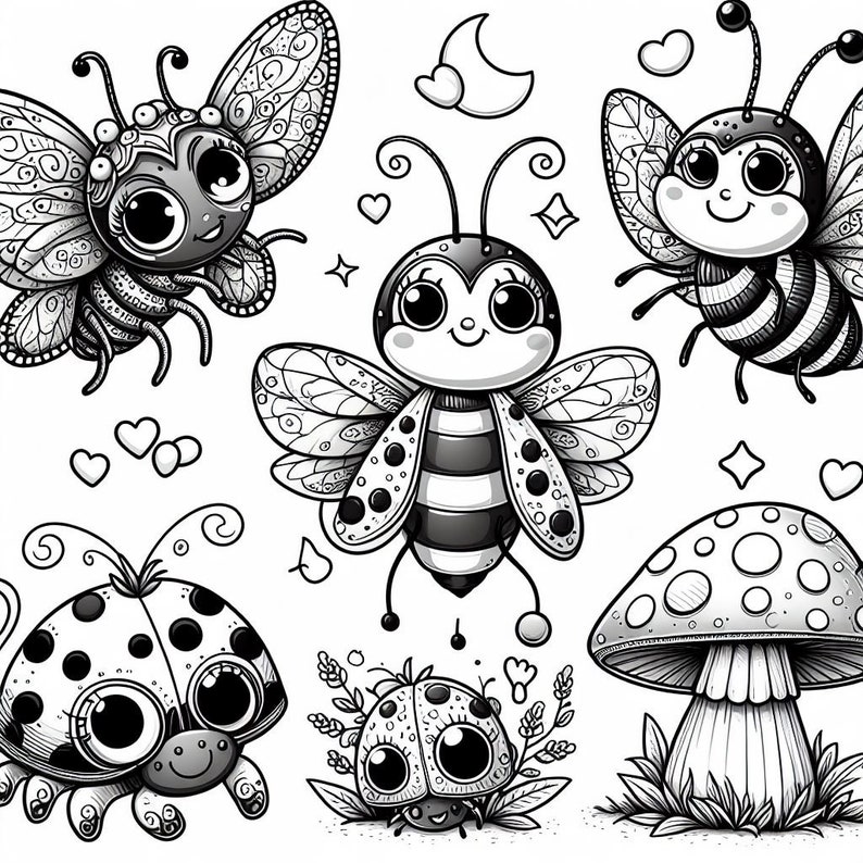 May include: Black and white line art illustration of five cute cartoon insects and a mushroom. The insects include a butterfly, a bee, and three ladybugs. The mushroom has white spots and is surrounded by grass.