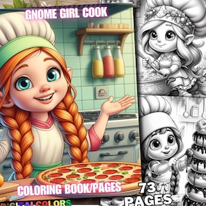 May include: A coloring book featuring a cartoon gnome girl chef with red hair, wearing a white chef hat and apron, holding a pizza. The book has 73 pages and is titled "Gnome Girl Cook Coloring Book/Pages".