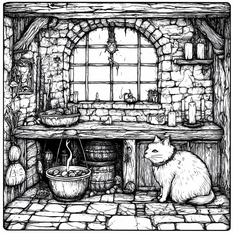 40 Witch House Interior Coloring Pages, Halloween Interior Coloring