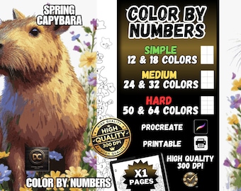 Colorir por números, páginas para colorir digitais, pintar por números, livro de colorir Procreate, livro de colorir para adultos Primavera Capivara Páscoa Imprimível