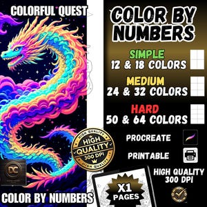 Puede incluir: Página para colorear por números con un vibrante dragón de colores neón con nubes arremolinadas en un fondo azul oscuro. La página está etiquetada como "Colorful Quest" e incluye opciones de dificultad simple, media y difícil con 12, 18, 24, 32, 50 y 64 colores. La página también está etiquetada como "Procreate" e "Imprimible".