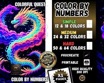 Può includere: Pagina da colorare con i numeri con un drago vibrante, dai colori al neon, con nuvole vorticose su uno sfondo blu scuro. La pagina è etichettata "Colorful Quest" e include opzioni di difficoltà semplice, media e difficile con 12, 18, 24, 32, 50 e 64 colori. La pagina è anche etichettata "Procreate" e "Printable".