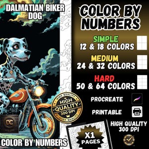 Puede incluir: Página para colorear por números con un dálmata montando una motocicleta. La página está disponible en tres niveles de dificultad: simple, medio y difícil. La página también es imprimible y compatible con Procreate.