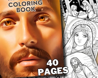 May include: A religious colouring book with 40 pages. The cover features a close-up of a man's face with a moustache. The book includes images of Jesus, Mary, and the Nativity scene.