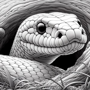 May include: A detailed black and white illustration of a snake's head, with a focus on its textured scales and dark eye. The snake is coiled, with a portion of its body visible. The artwork has a realistic style, with a naturalistic setting.
