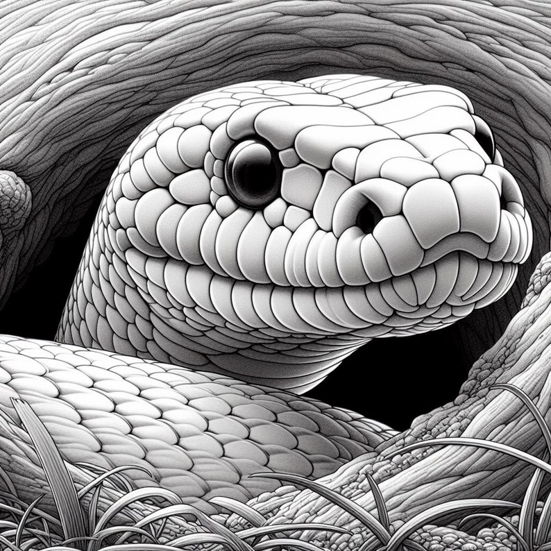 May include: A detailed black and white illustration of a snake's head, with a focus on its textured scales and dark eye. The snake is coiled, with a portion of its body visible. The artwork has a realistic style, with a naturalistic setting.