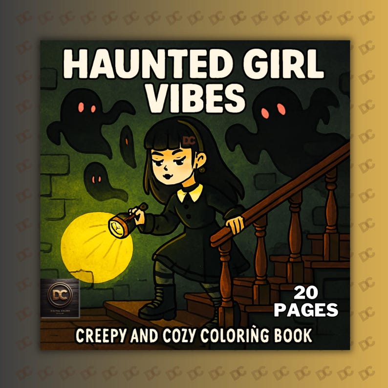 May include: A coloring book cover with the title "HAUNTED GIRL VIBES." The illustration features a girl with long black hair holding a flashlight, walking up a staircase. Black ghost figures float in the background. The text "20 PAGES" and "CREEPY AND COZY COLORING BOOK" are also visible.