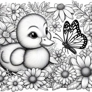 May include: A black and white illustration of a baby duckling sitting in a field of flowers with a butterfly flying nearby.