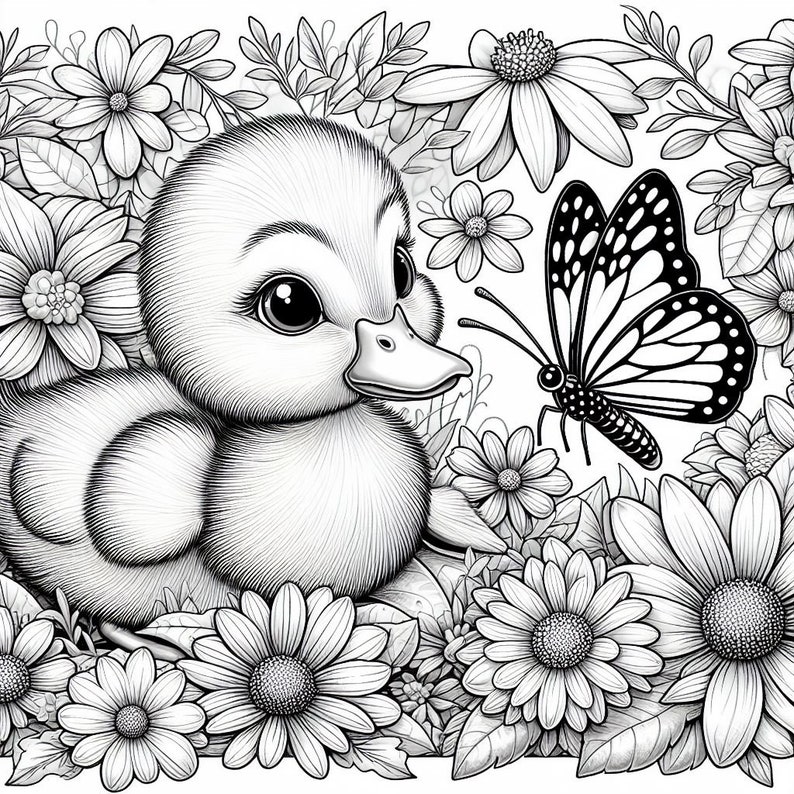 May include: A black and white illustration of a baby duckling sitting in a field of flowers with a butterfly flying nearby.