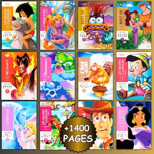 Peut inclure: Un ensemble de douze livres de coloriage Disney et Pixar illustrant des personnages comme Mowgli, Raiponce, Woody et Pinocchio. Chaque couverture présente des scènes animées colorées, des titres en français et un badge central +1400 PAGES.