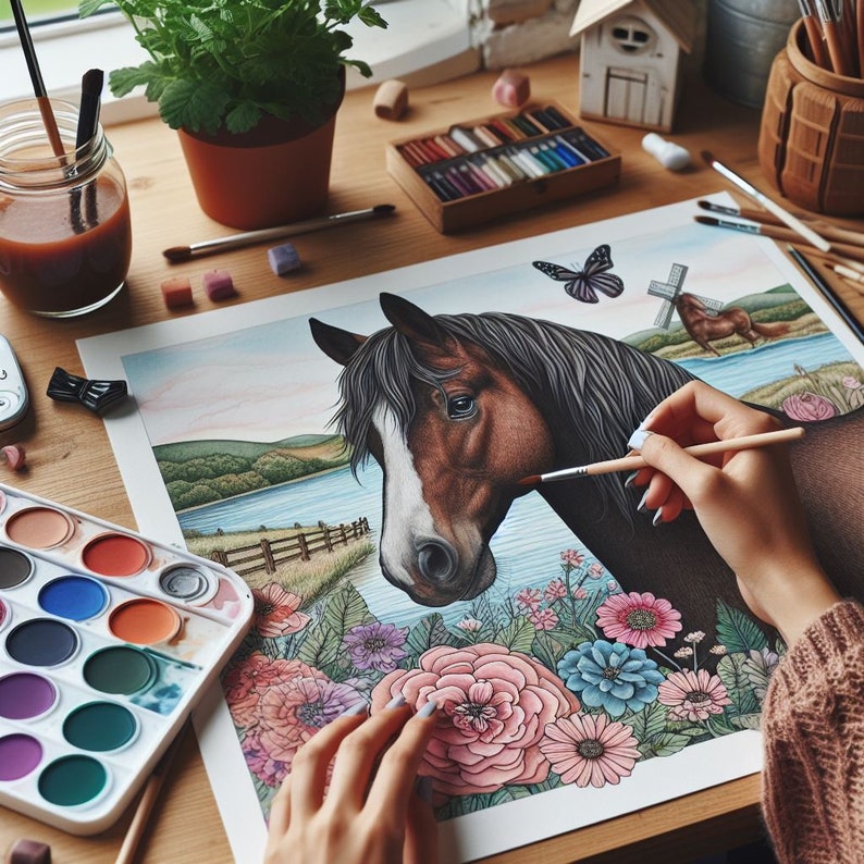 May include: A person paints a watercolor illustration of a brown horse with a white stripe on its face. The horse is surrounded by colorful flowers and greenery. The illustration is on a white sheet of paper on a wooden table.