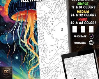 Coloring by numbers, digital coloring pages, paint by numbers, Procreate coloring book, adult coloring book, Briliant Landscape 3 Jellyfish