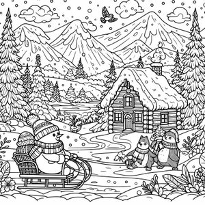 May include: Black and white winter scene coloring page. A snowman in a hat and scarf rides a sled, with a cat and penguin walking nearby. A snow-covered cabin sits in the background, with mountains and trees. A bird flies in the sky.