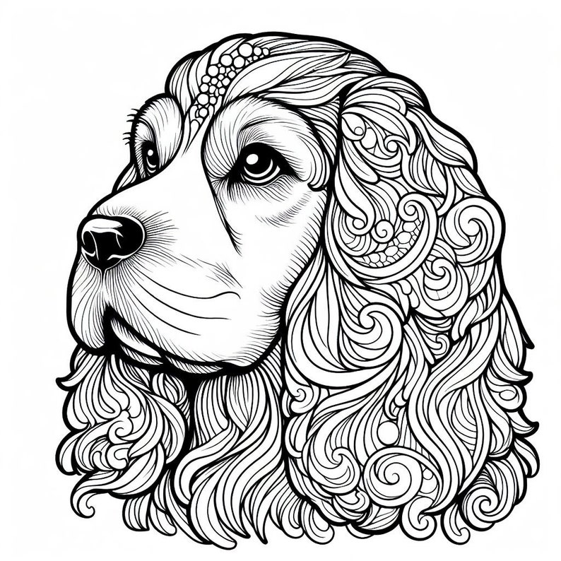 May include: Black and white line art illustration of a dog's head with intricate swirls and patterns in the fur. The dog has a long snout and floppy ears.