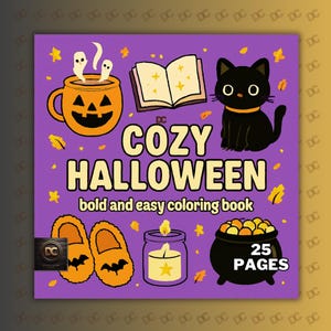 Puede incluir: Una portada de libro para colorear morada con el texto "COZY HALLOWEEN" e ilustraciones de una taza de calabaza, un gato negro, un libro abierto, zapatillas, una vela y un caldero. El libro está etiquetado como "bold and easy coloring book" con 25 páginas.